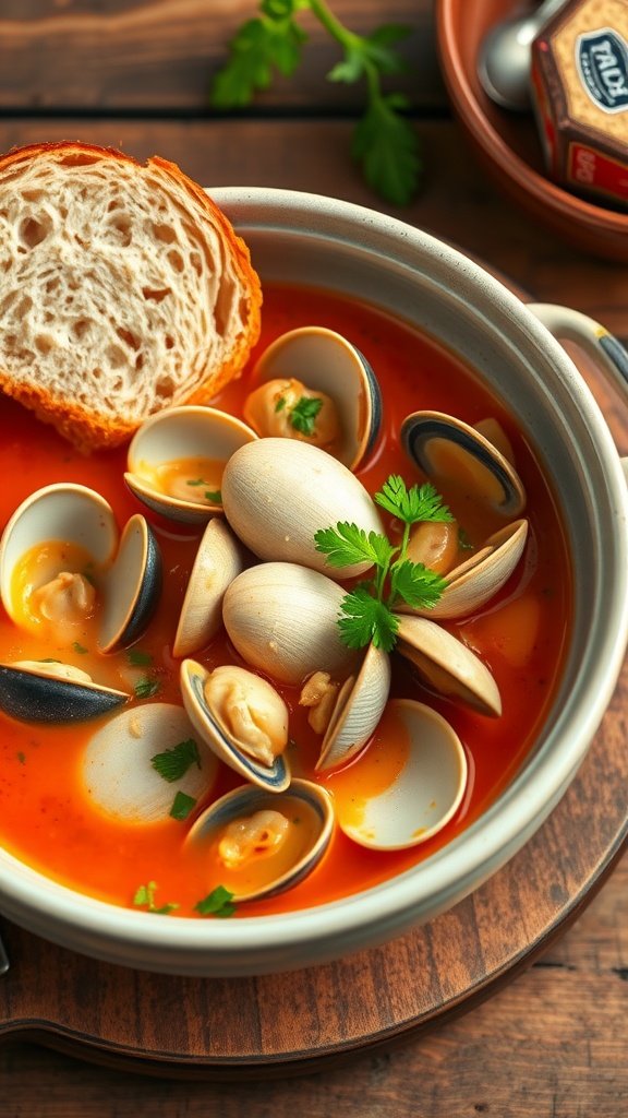 A bowl of clam zuppa with clams in tomato broth, garnished with parsley, and crusty bread on a rustic table.